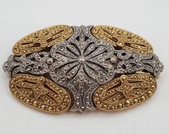 VTG Art Deco Style Brooch 2.5in Two Tone Filigree Domed Openwork Heavy 3D Estate
