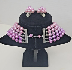 Vintage Lilac Imitation Glass Pearl Necklace & Earring set, 5 Strands
