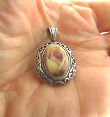 Sterling Silver Porcelain Rose Pendant 1.25 In Oval
