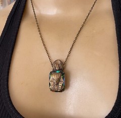 Egyptian Revival Necklace King Tut Pharaoh Pendant Iridescent Rhinestone Scarab