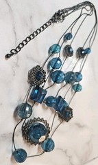 Multi-strand Blue Glass Metal Filigree Plastic Faceted Beads Squares Necklace