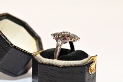 Antique Circa 1900s 8k Gold Natural Old Cut Diamond And Ruby Navette Ring