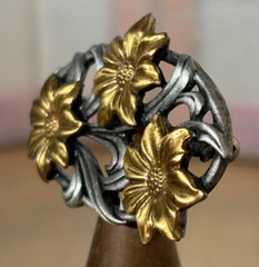 JJ Floral Pin Brooch, Silver and Gold Tone Openwork Flowers, Signed, 2″w