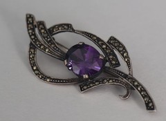 Antique 925 Sterling Silver Amethyst & Marcasite Edwardian Brooch