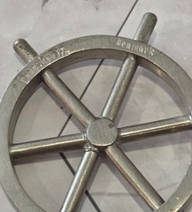 VINTAGE Chunky Modernist Logeskov Tin Denmark Ship’s Wheel Pendant Necklace 26in