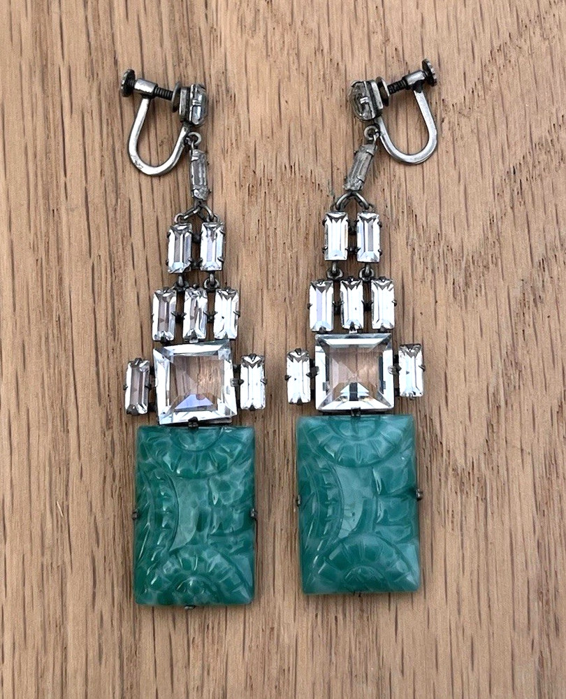 Antique Art Deco Carved Green Peking Glass Faux Jade Screw-Back Earrings