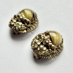 Green Porphyry Glass Cabochon Brass West Germany Vintage Clip On Earrings