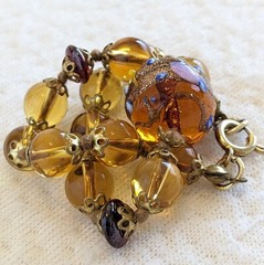 Vintage Brown Yellow Italian Wedding Cake Lampwork Knotted Glass Beaded Bracelet