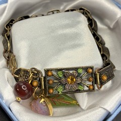 Vintage Faux Opal Heart, Japan Glass,& Book Chain Links Bracelet, Integrated New