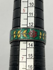 Vintage Enamel Ring Floral Siam Sterling Cloisonné Niello Band 925 Size 6.5