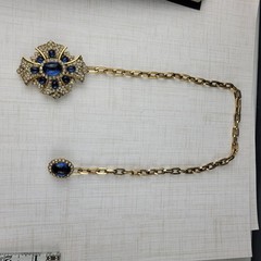 Maltese Cross Blue Cabochon Rhinestone Regal Mogul Double Brooch with Chain RARE