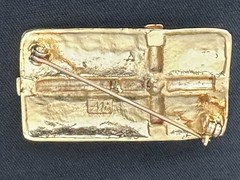 VTG Shiny Gold-tone AAi Signed Rapped Gift Box Brooch Red Gem