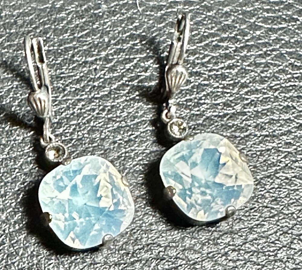 Vintage Glass Opal Rhinestone Silver tone Pierced Earrings, dangles 1.25″