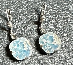 Vintage Glass Opal Rhinestone Silver tone Pierced Earrings, dangles 1.25″