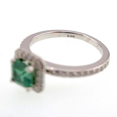 Pettie 14k Solid White Gold .60ct Natural Emerald and Diamond HALO Ring Sz 5.25
