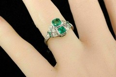 Art Deco Emerald & Lab Created Diamond Two-Stone Wedding White Gold Finish Ring