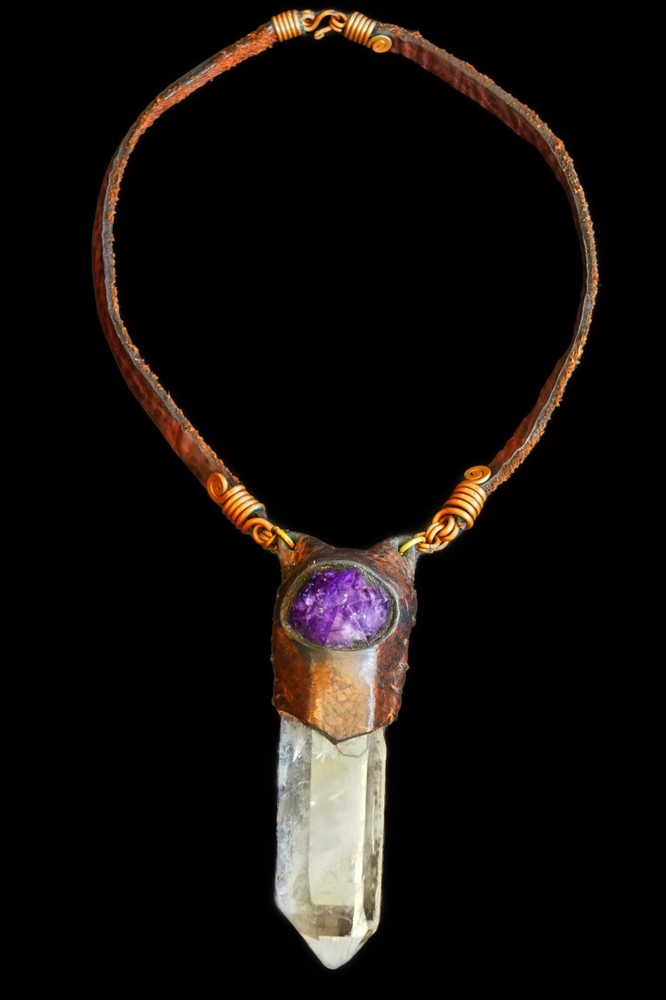 Artisan Created NECKLACE of Leather Wrapped Quartz Point and Purple Amethyst