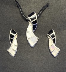 Set Pendant & Earrings 925 Sterling Silver 1970s Abalone Onyx NF Thailand