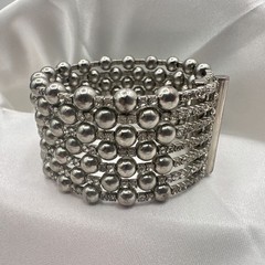 Vintage 90s Silver Tone Multi Row Bead Clear Glass Wide Cuff Statement Bracelet