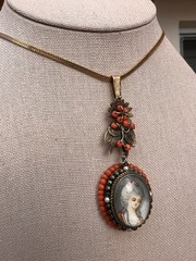 Antique Yellow Gold + Silver Coral Seed Pearls Hand Painted Portrait Pendant