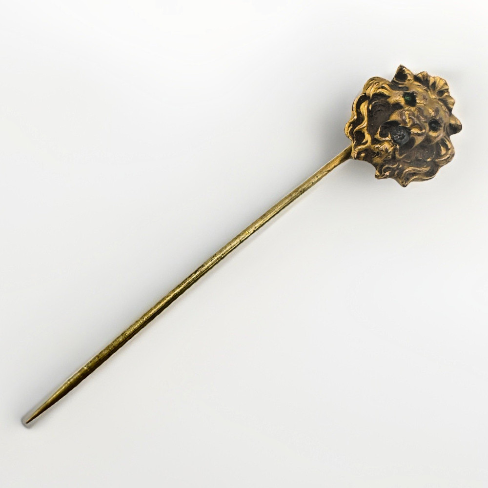 Victorian Gilt Lion Head Stick Pin Paste Garnet Eyes Rhinestone 2.5″