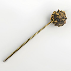 Victorian Gilt Lion Head Stick Pin Paste Garnet Eyes Rhinestone 2.5″