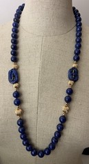 Vintage Lapis Lazuli and 14K Beads Hand Knotted 30” Necklace With Figural Beads