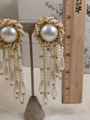 Vintage Faux Pearl Waterfall Pierced Earrings Gold Tone Statement Runway Glam