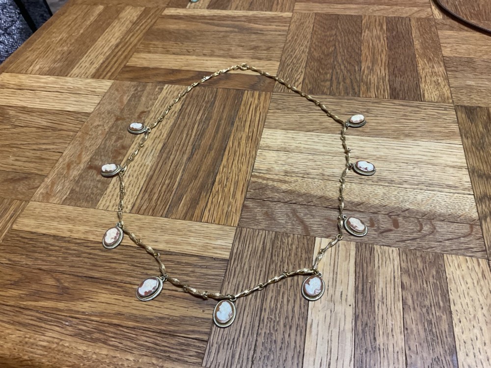 Vintage Italian Shell Cameo Opera Necklace 23” Gold Filled Chain 9 Medallions