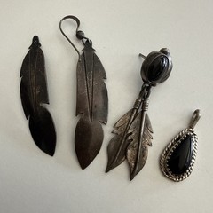 Vintage Sterling Feather Earrings & Black Onyx Pendant Lot 9g Southwestern