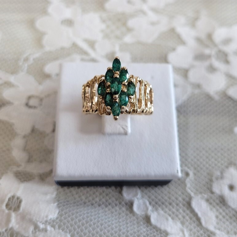 14K Natural Emerald Ring, Yellow Gold, 1 TCW Marquise Cut F2, Vintage Artisan