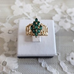 14K Natural Emerald Ring, Yellow Gold, 1 TCW Marquise Cut F2, Vintage Artisan