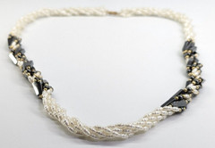 Vtg Rice Pearl & Hematite Multi Strand Twisted Beaded Statement Station Necklace