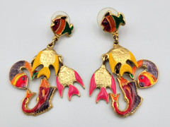 Vintage Don-Lin Enamel Tropical Fish Dangle Drop Earrings Pierced Gold Tone