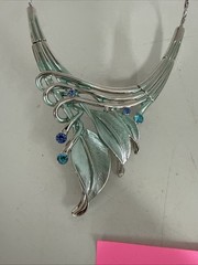 VTG Enamel Silver Tone Necklace With Crystals Adjustable Length Statement Blue