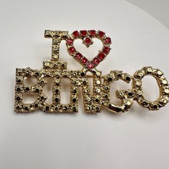 Vintage 80s “I Love Bingo” Heart Gold Tone Pin Brooch Red Rhinestone Jewelry
