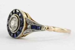 Art Deco 2.85Ct Lab Created Diamond & Sapphire 14K Gold Finish Engagement Ring