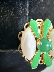 Vintage Rare White And Green Cabochon Clip On Earrings Set In Gold Tone