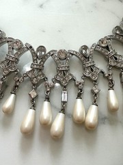 Vintage Ornate Carol Lee Rhinestone Faux Pearl Drop Choker Necklace Deco Gala