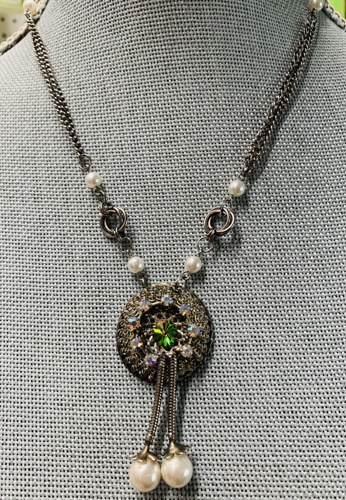VINTAGE silver tone CRYSTAL AB rhinestone DROP NECKLACE chain SPARKLY Faux pearl