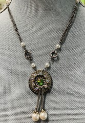 VINTAGE silver tone CRYSTAL AB rhinestone DROP NECKLACE chain SPARKLY Faux pearl