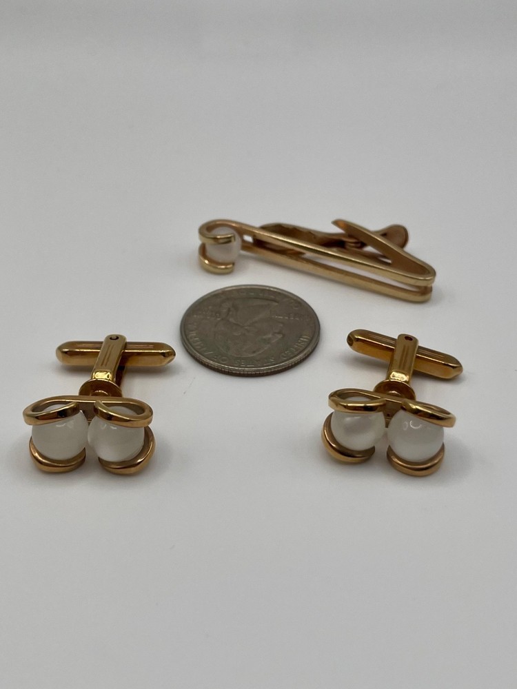Vintage Hickok 3-Piece Set Mother of Pearl Gold Tone Cufflinks Tie Clip Set
