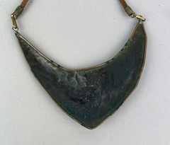 Vintage 60s 70s Handmade Brutalist Pendant Necklace Brass & Leather, Stone 15.5″