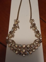 Vintage Aurora borealis gold tone bib necklace adjusts up to 19″ glamorous