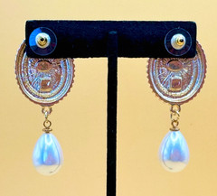 Gold Tone & Faux Pearls Pierced Dangle Cameo Earrings Contemporary