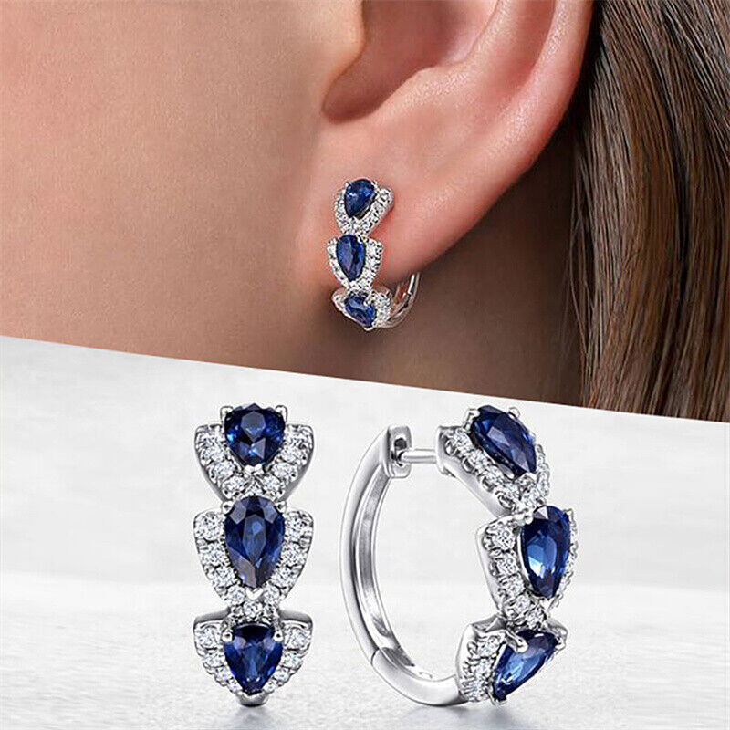 Pear Shape Huggie Hoop Earrings 14K White Gold Over 2.4 Ct Simulated Sapphire