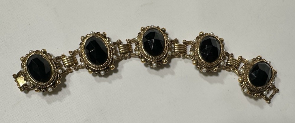 Vintage “Victorian Revival” Black Plastic Stone & Faux Pearl Bracelet