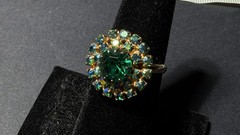 Vintage Emerald Aurora Borealis Rhinestone Adjustable Band Ring Costume Jewelry