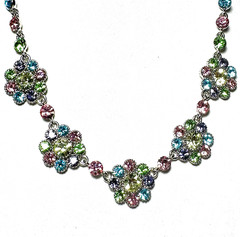 Vtg VCLM Necklace – Multi-color Rhinestones – Floral Clusters Silver tone