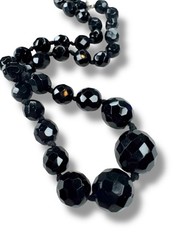 Austria Jet Black Crystal Hand Knotted Necklace 15.25″ – 17.75″ Vintage